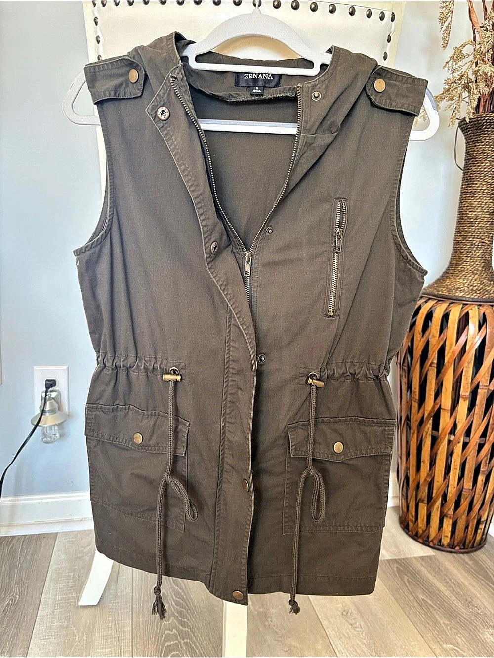 ZENANA Hooded Utility Vest with Drawstring Waist Brown Small